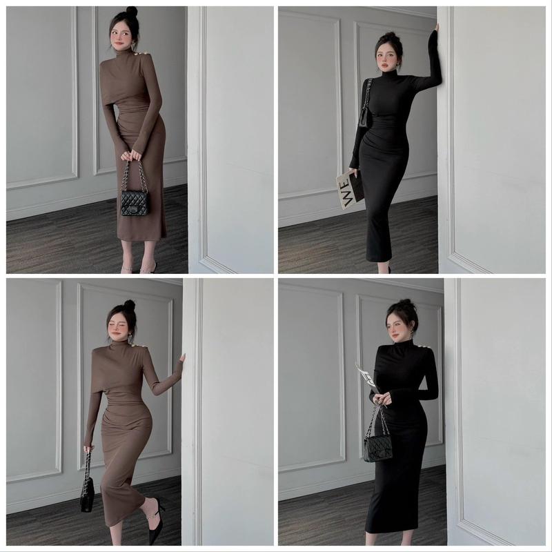 Set đầm ôm tay dài cổ lọ kèm áo khoác kiểu trùm vai - thun gân lạnh