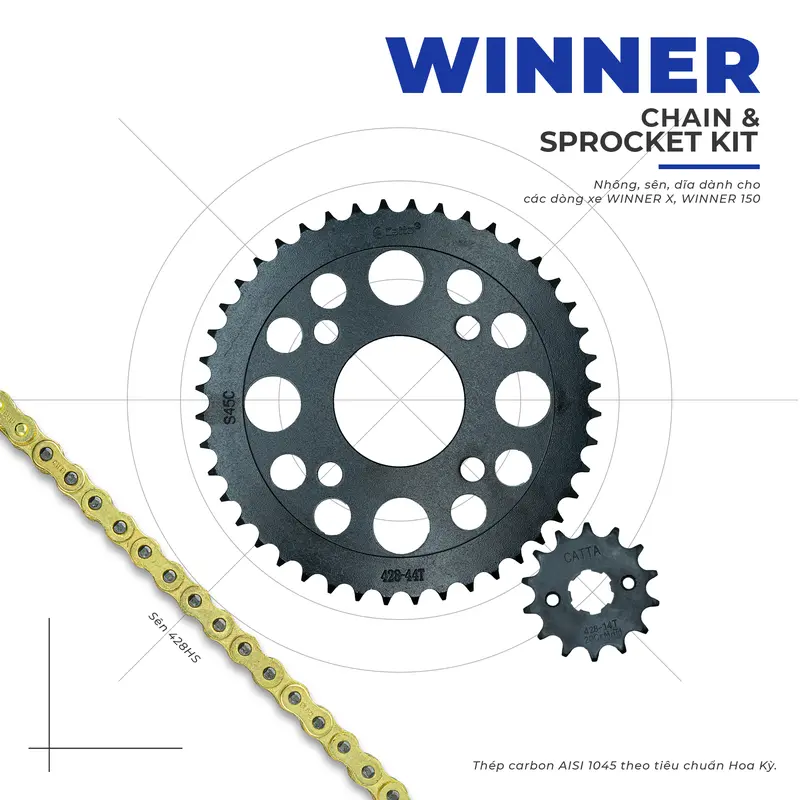Phụ Tùng Nhông Sên Dĩa Catta Cho Xe WINNER Sên Vàng 10 Li 428H Thép Carbon Gia Nhiệt Nhiều Tầng 6