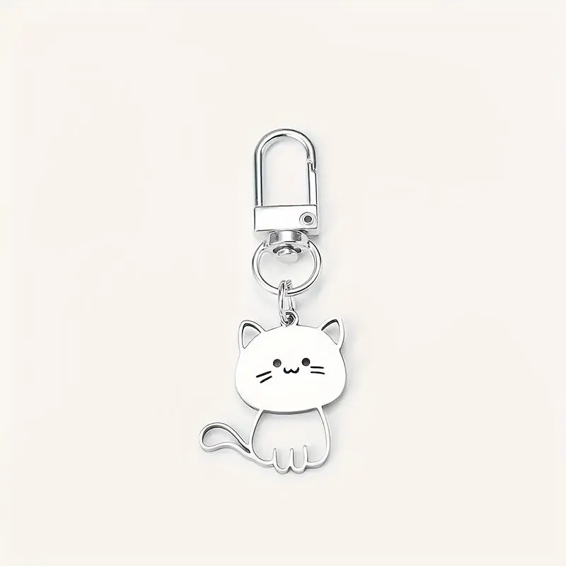 1pc Silvery Cute Cat Keychain Cartoon Animal Stainless Steel Keyring Backpack Hanging Pendant Bag Charms Gifts For Women Girls 0
