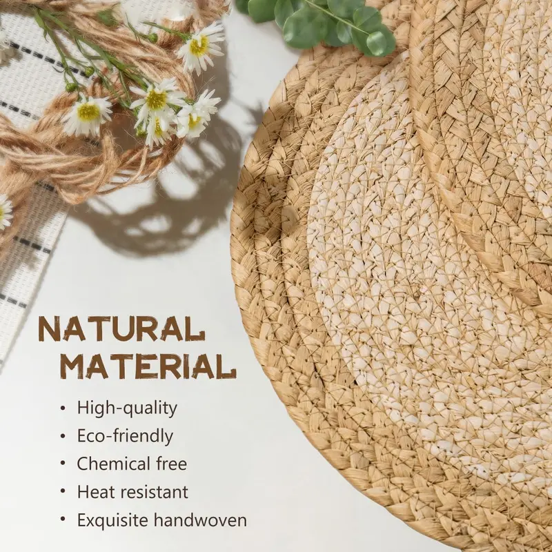 Round Woven Placemat, 1/2 Counts Boho Style Coaster, Heat Resistant Placemat, Table Decoration Supplies for Home Kitchen Dining Room 4