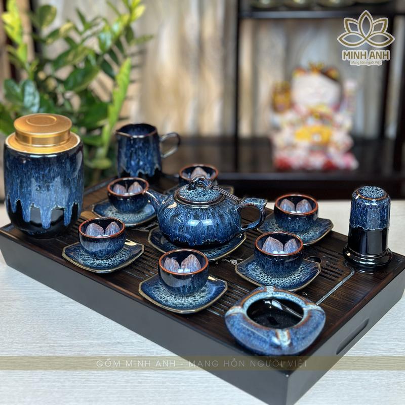  Bộ ấm chén Bát Tràng nghệ nhân Nguyễn Văn Hải dáng quả Hồng men Hỏa biến màu Cẩm Lai Xanh kèm Phụ kiện 