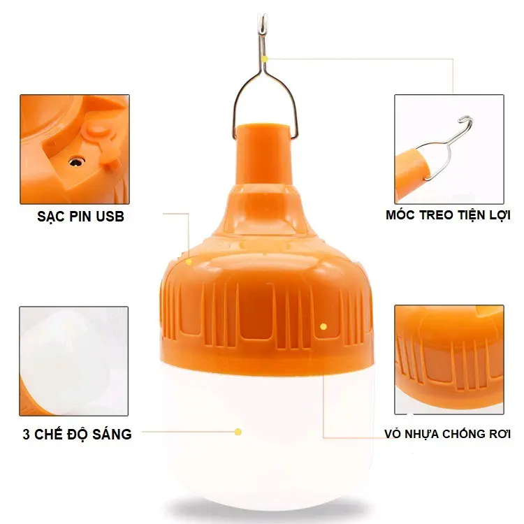 Bóng đèn tích điện 60W TẶNG KÈM DÂY SẠC  không dây có móc treo bóng đèn tích điện đuôi cam bóng tích điện 3