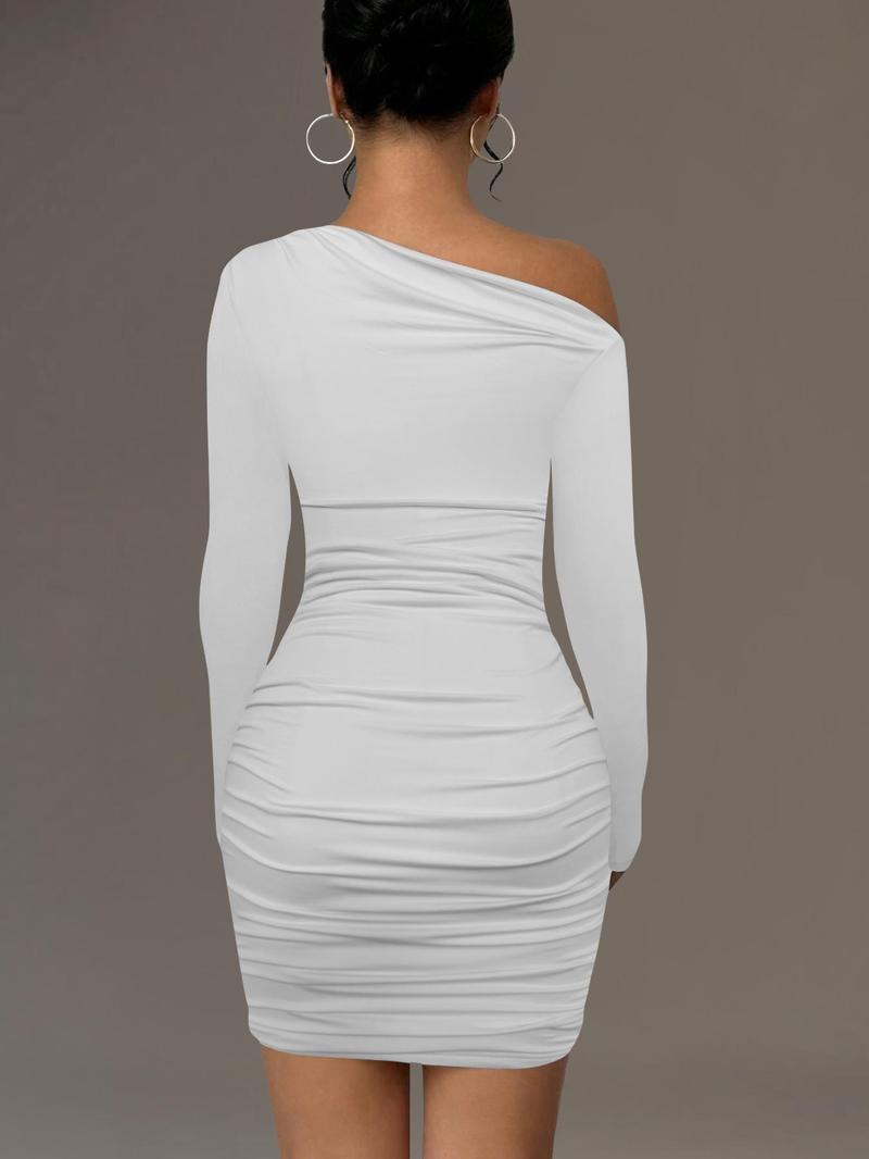 Product Introduction of Women's Plain Ruched Asymmetrical Neck Bodycon Dress, Classy Long Sleeve Short Dress for Party Club Dating Wear, Women's Clothing for Spring & Fall 8