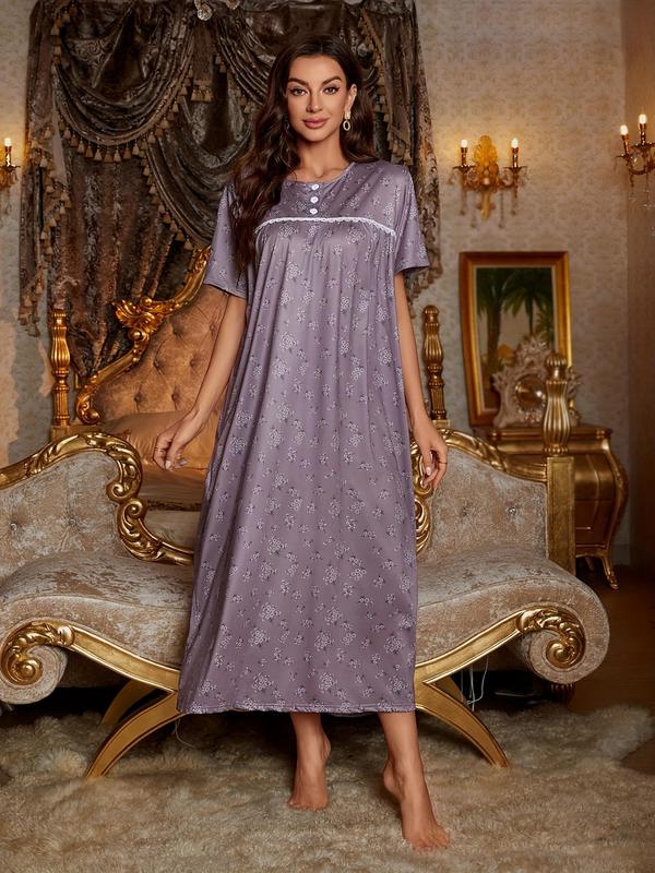 Women's Ditsy Floral Print Contrast Lace Crew Neck Nightdress, Elegant Casual Button Short Sleeve Round Neck Nightgown, Soft Comfortable Sleepwear for Women 2