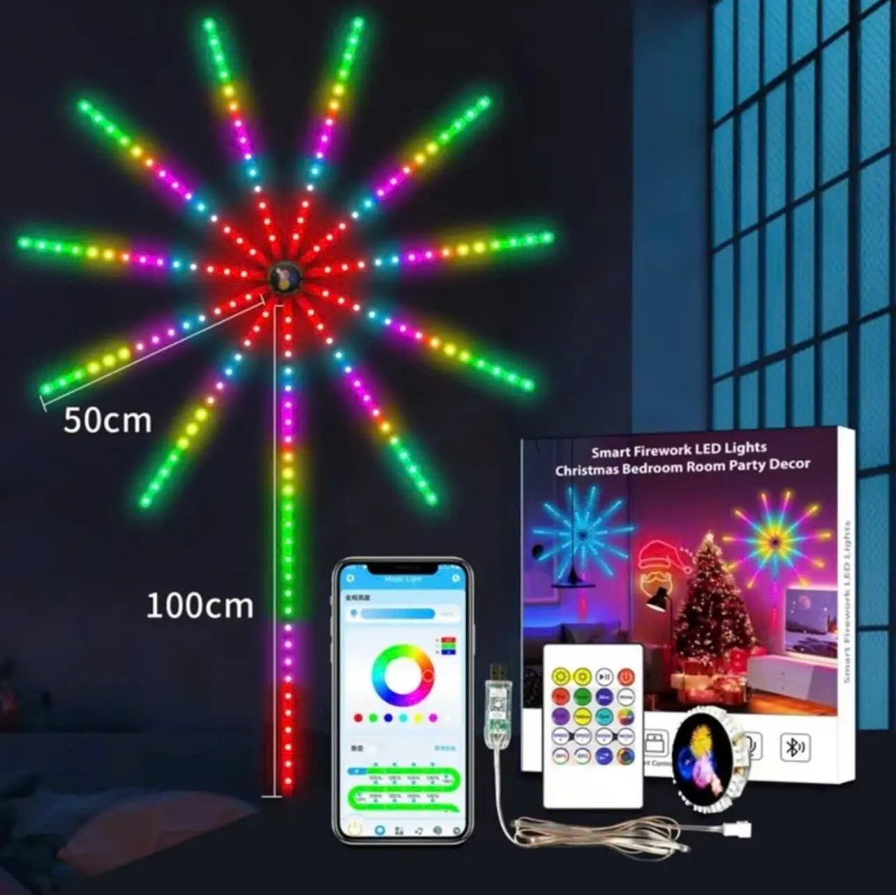 Dây Led Pháo Hoa Trang Trí Tết, Decor Phòng. Led RGB 16 Triệu Màu, Cảm Biến Theo Nhạc, Có Remote Điều Khiển,  Kết Nối App Sử Dụng Qua Điện Thoại. Mẫu Mới 2025