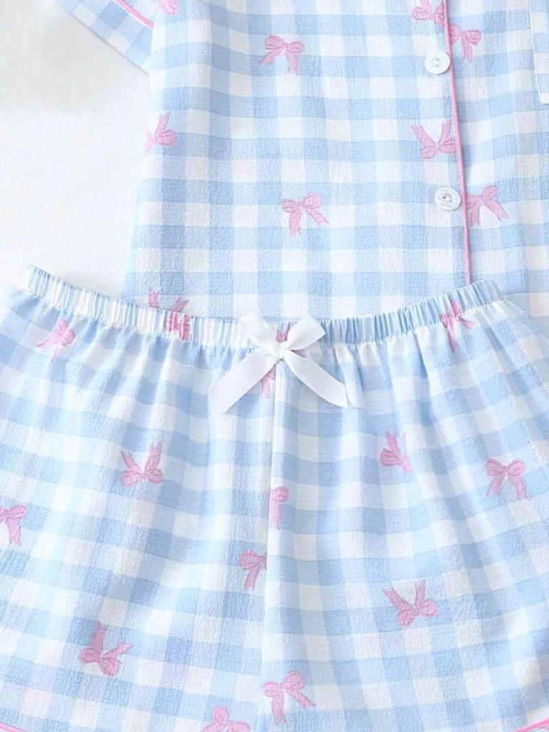 Product Introduction of Women's Bow Print Shirt & Elastic Waist Shorts Pyjama Two-piece Set, Casual Comfy Short Sleeve Collared Top & Shorts Set, Ladies Summer Sleepwear 3
