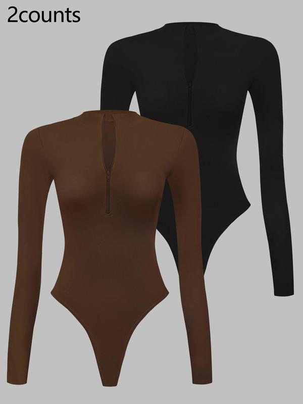 Women's Solid Ribbed Bodysuit, Casual Comfy High Stretch Zipper One-piece Sleepwear, Ladies Sleepwear for All Seasons 3