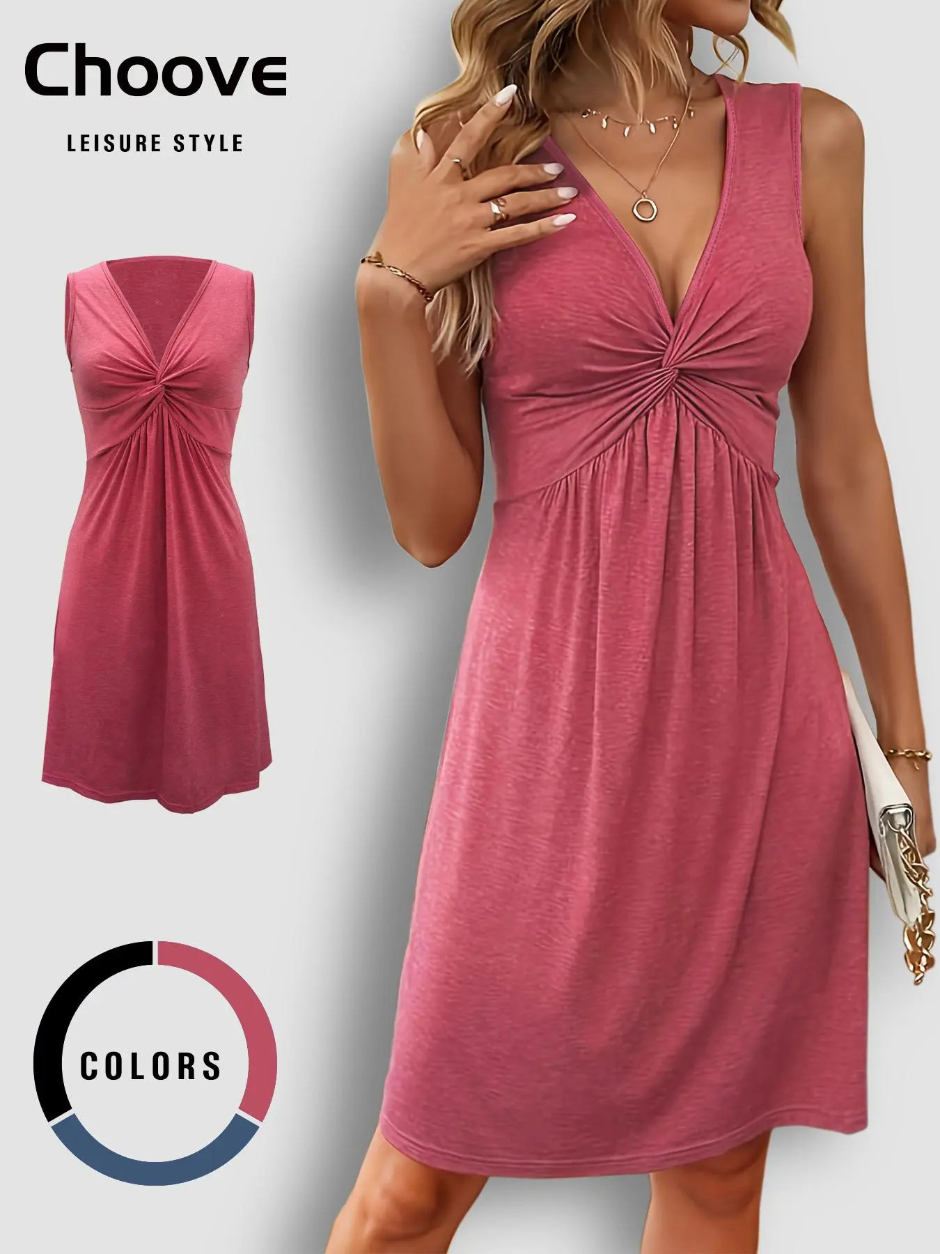 Women's Plain Twist Ruched Deep V Neck Tank Dress, Casual Sleeveless A Line Short Dress for Daily Outdoor Wear, Ladies Clothes for All Seasons, Womenswear