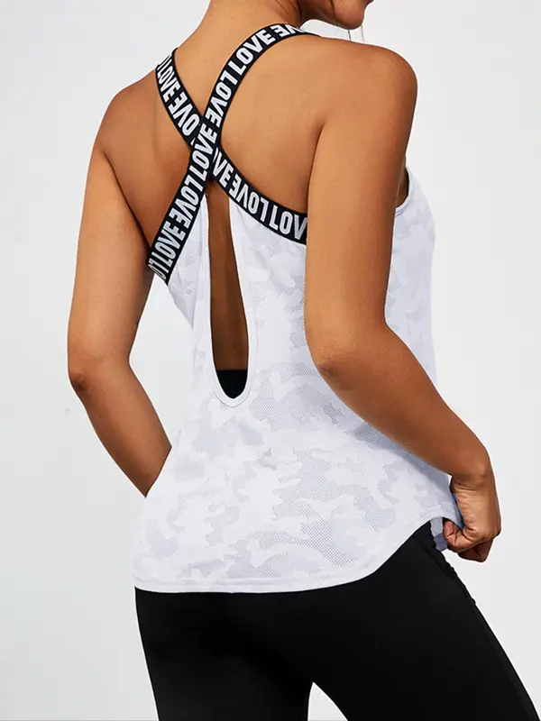 Sporty Women's Camo Print Letter Tape Sports Vest, Sport Criss Cross Cut Out Tank Top, Gym Clothes, Running Vest, Ladies Sportswear Fitness for Summer, Gymclothes, Activewear,  Gym Wear 4