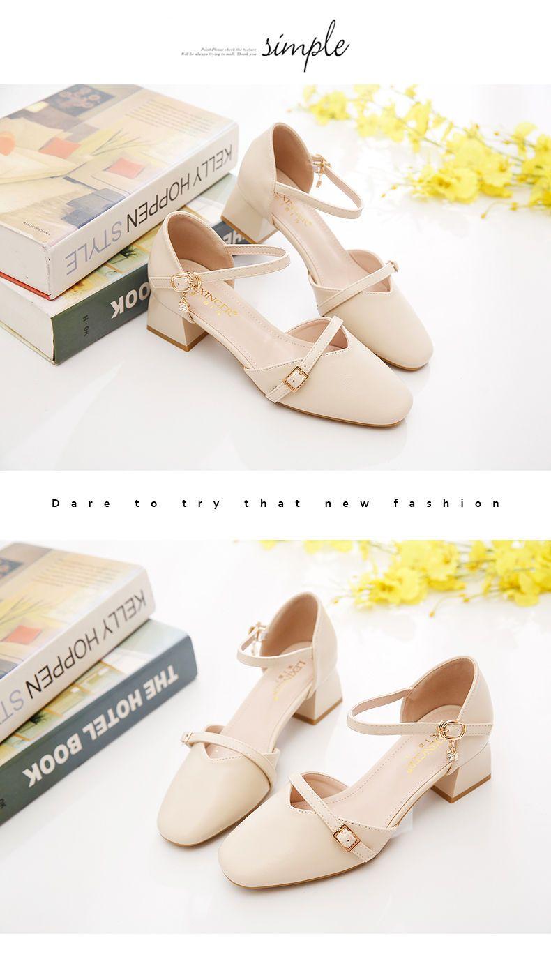 Product Introduction of Toe Box Shoes Women's High Heels Mid Heel Summer Chunky Heel Square Toe Hollowed Sandals Buckle All-Match Shallow Mouth Low Heel Shoes 11