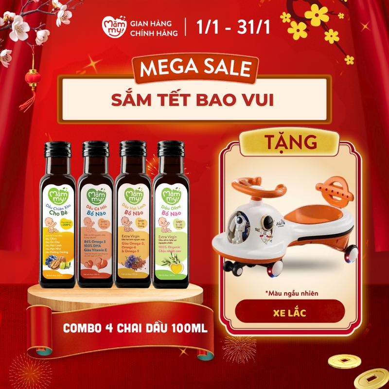 [Tặng XE LẮC PHI HÀNH GIA]  Combo 4 chai Dầu ăn dặm bổ não Mămmy (cá hồi Nauy, hạt lanh Trung Đông, olive Ý, chiên xào) giàu DHA, Omega, Chai 100ml Cho Bé Vitamin