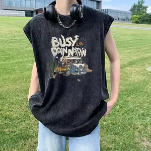 Rompi usang yang sudah dicuci, kaos tanpa lengan katun murni yang trendi untuk musim panas dan musim gugur, rompi lari gawang retro, olahraga basket.