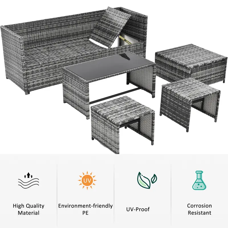 All-Weather Rattan Outdoor Furniture Set - Silver Wicker Sectional Sofa with Coffee Table & Machine-Washable Cushions, Patio Conversation Set for Garden, Balcony or Deck Couches 6