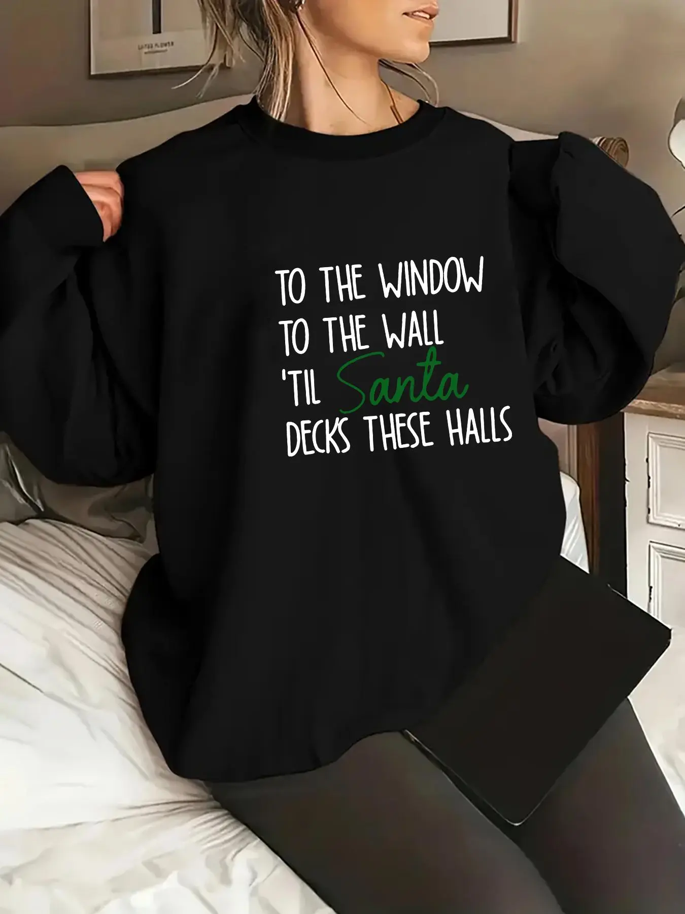 Women's Christmas Themed Sweatshirt, Casual Letter Print Long Sleeve Pullover for Fall & Winter, Women's Clothes for Daily Wear