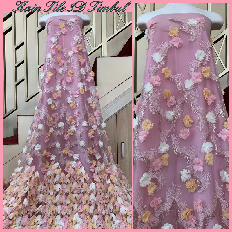 Kain Tile/Tulle 3D bunga, motif Timbul, tile Kain brokat, tile mutiara, tile polos, tile akar, tile 3D timbul, tile pingiran (Harga Setengah meter) 3