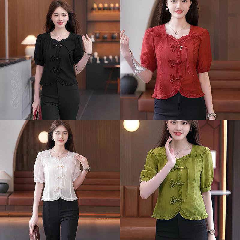 Áo Sơ Mi Nữ Ngắn Tay Cổ Bèo Chất Tơ Hàn Women Voi Top Shirt