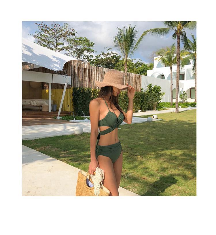 Product Introduction of [two piece triangle]Bikini Sexy Three-Point Army Green Steel Bracket Push up Cup Sexy Push-up Personality Bandage Split Swimsuit Women's Two-Piece Triangle 9