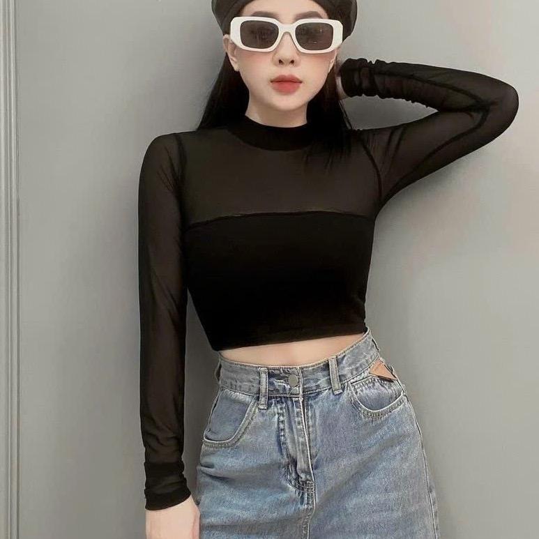Áo lưới tay dài phối thun giữa croptop