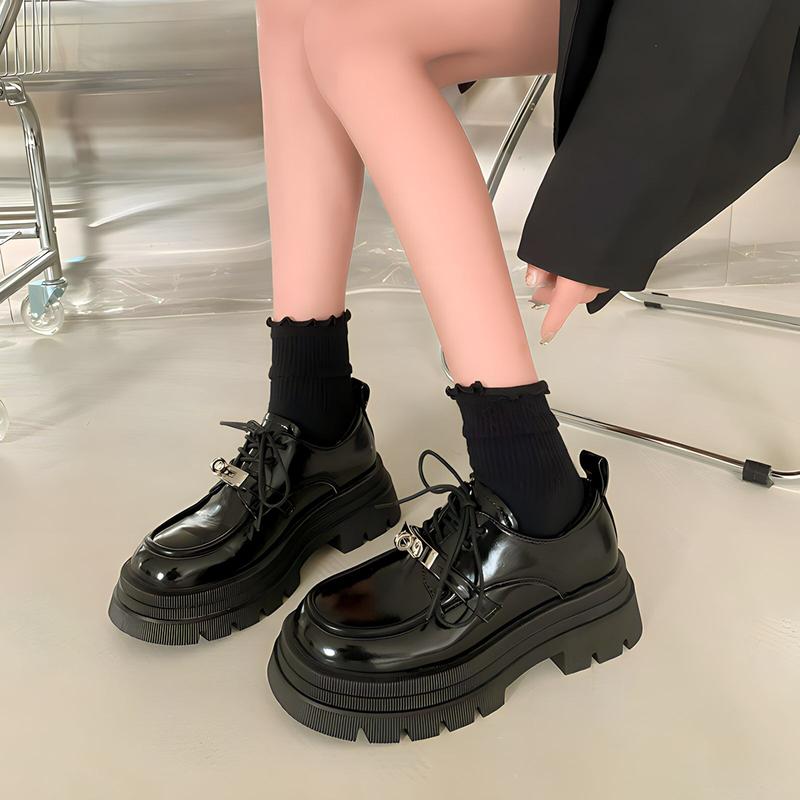 Giày oxford nữ đế 4cm chất da bóng găn KHOÁ cài Shoes