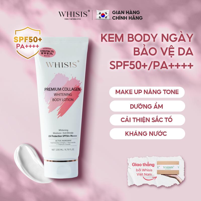 Kem Dưỡng Da Body Nâng Tone Bảo Vệ Da Ban Ngày WHISIS Premium Collagen Whitening Body Lotion With 2% Alpha-Arbutin SPF50+/PA++++ 200ml