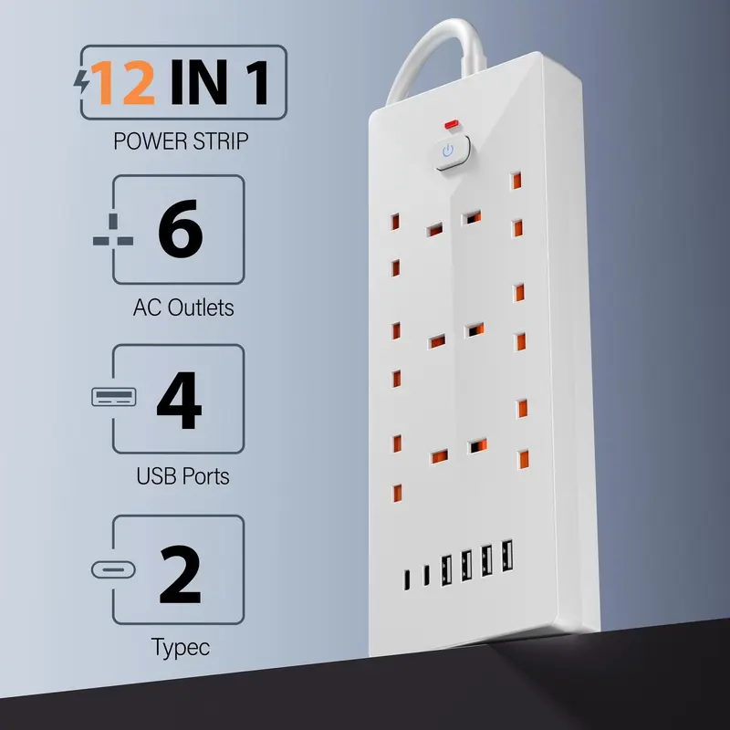 Power Strip Outlets, 6-AC Socket Switch Extender Surge Protector, Power Strip with 4 USB Charging Ports, Power Strip Outlets for Home, Office, Best Gifts for Men, Modern, Plug, Black 7