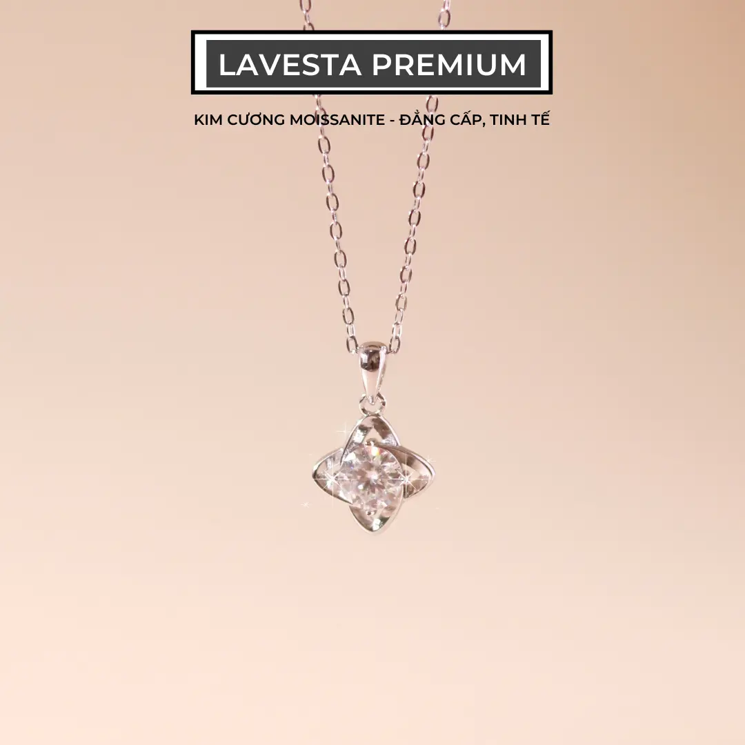 Dây chuyền kim cương Moissanite 6.5 ly kiểm định GRA LAVESTA KC106, bạc xi bạch kim cỏ 4 lá Bonheur