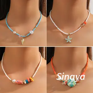 【Sinaya】Kalung Kalung Mutiara Berwarna Cerah Rami Baru Elemen Laut Lucu Kalung Leher Z240