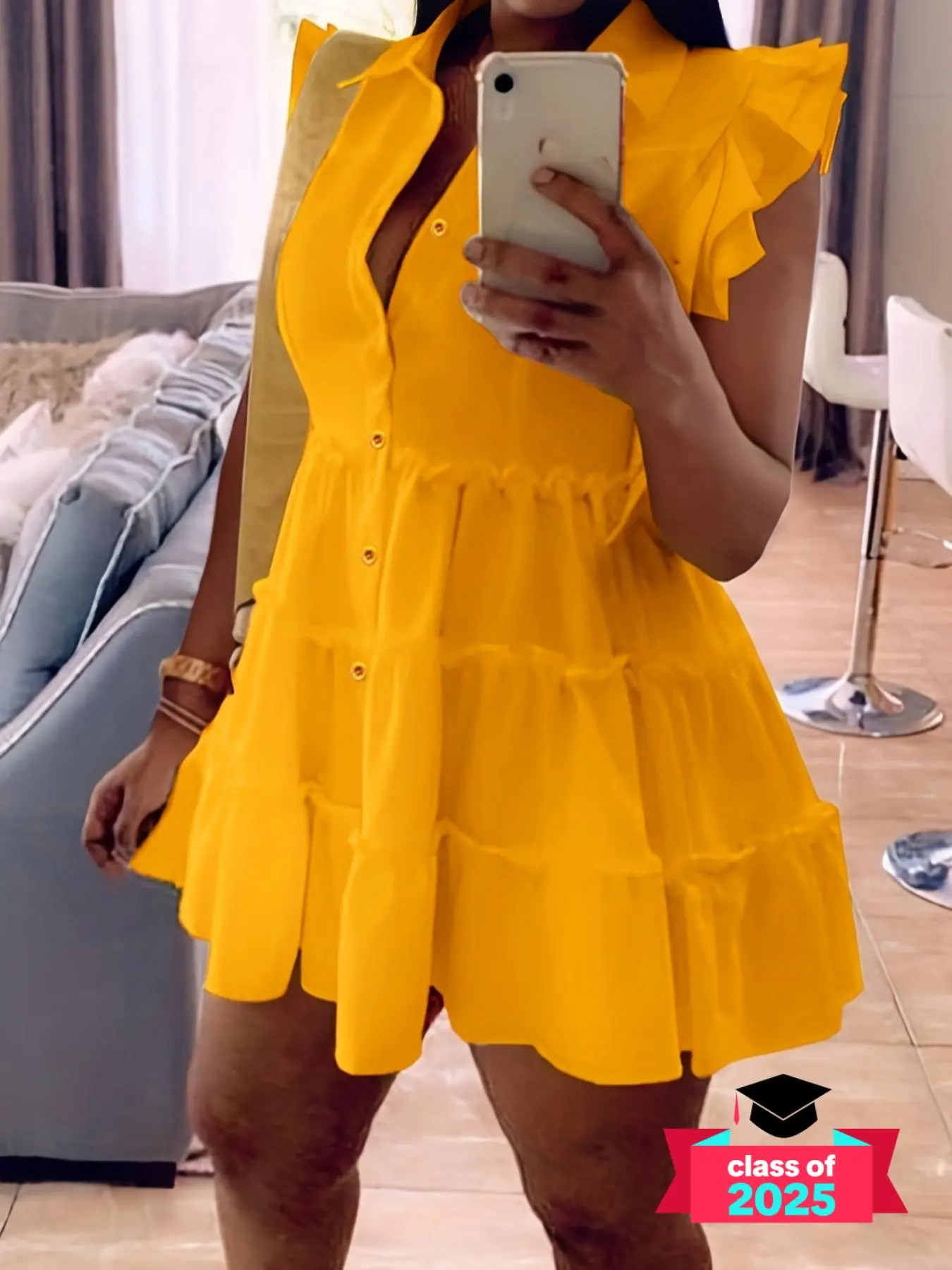 Women's Plain Layered Sleeve Button Front Frill Trim Short Dress, Casual Short Sleeve Collared Smock Sundress for Summer, Dresses That Hide Tummy for Women, Summer Dresses 2025, Sassyclassyclothing, Womenswear