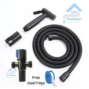 Paket Jet shower bidet Hitam Stainless 304 & stop Kran T  52BL+seal -Semprotan air kloset Complete set bundling closet washer toilet