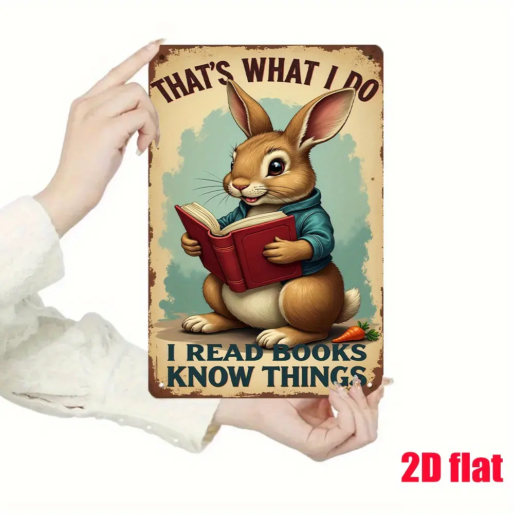 1pc Vintage Tin Sign "That's What I Do I Read Books" Bunny Reading with Carrots Wall Art - Waterproof 7.8x11.8 Inch Rustic Metal Decor for Man Cave, Garage, Bar - No-Drill Hanging Gift for Book Lovers, Book Lover Gifts, 2D Flat, Perfect for Room Decor