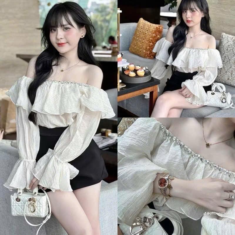 Áo trễ vai thiết kế Tơ nhăn đính đá tiểu thư Nữ Voi Top Women
