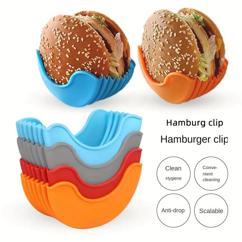 Silicone Burger Clip (4 Counts/set), Portable Non-contact Burger Holder, Retractable Burger Tray, Kitchen Baking Tool 5