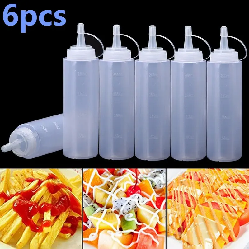 6Pcs 240ml Plastic 8oz Squeeze Bottle Condiment Dispenser Mustard Sauce Ketchup White Plastic Squeeze Sauce Bottle
