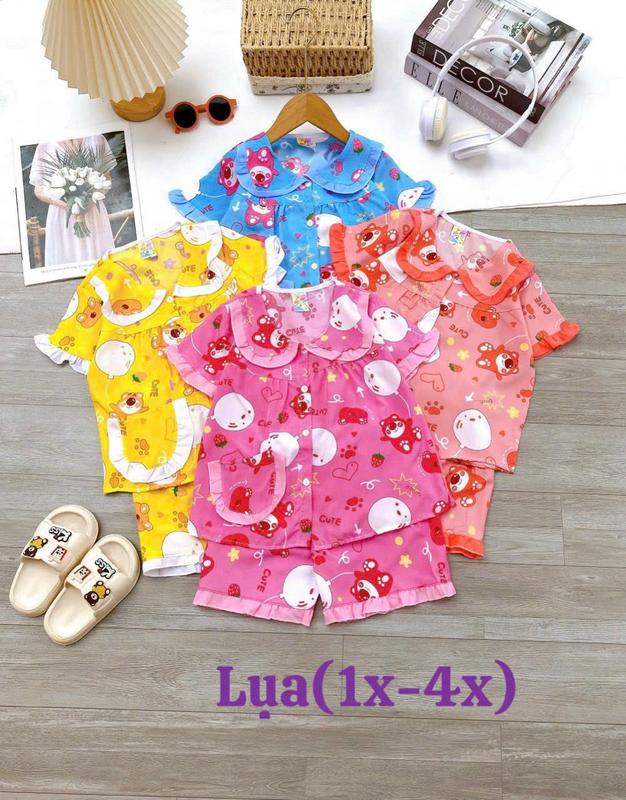 combo 3 bộ - pizama tay ngắn quần đùi vải lụa mát thoáng dáng tiểu thư cho bé gái 15kg-25kg Áo