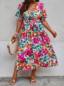Plus Size Floral Print Belted Wrap Butterfly Sleeve Dress, Boho V Neck Short Sleeve A Line Dress for Summer, Women's Clothes for Beach Holiday Vacation