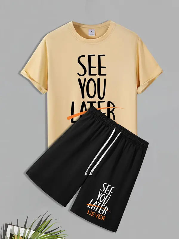Men's Slogan Print Crew Neck Tee & Drawstring Waits Shorts Two-Piece Set, Regular Fit Casual Comfy Round Neck Short Sleeve T-shirt & Pocket Shorts, All-Match Clothes Set for Daily Wear 6