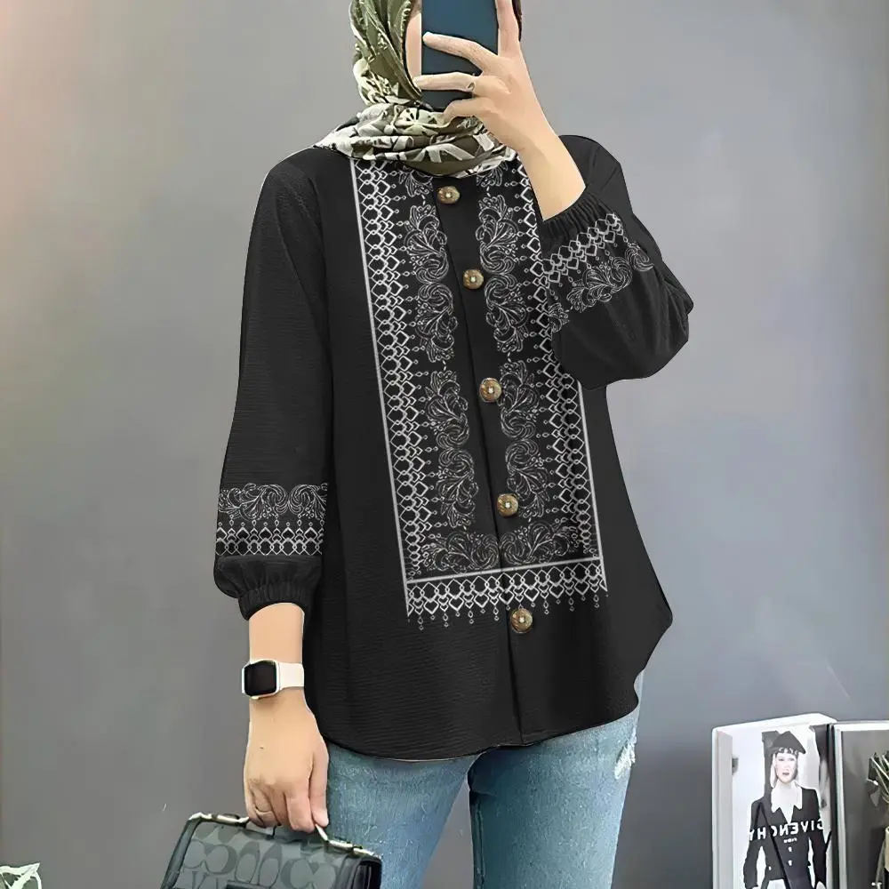 Raya Viral Muslim Women's Shirt Ethnic Bjau Retro Pattern Muslim Shirt Shirt Puff Sleeve Muslim Top
