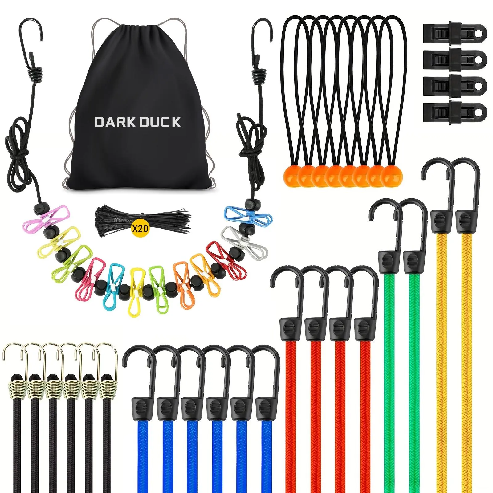 Bungee Cords Assortment Kit, Bungee Cord with Hooks & Tarp Clip & Tarp Ball Ties, Multifunctional Rope for Outdoor Camping Hiking