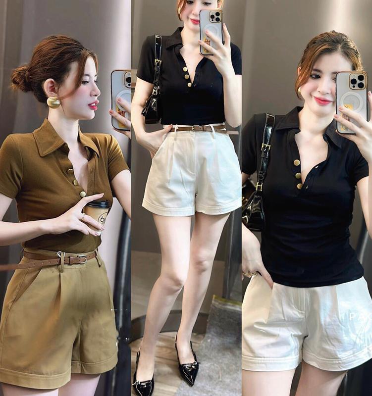  Áo Polo nữ Cổ Trụ Mix cúc kiểu dáng body chất Cotton Bozip mềm mịn co giãn 4 chiều Women Top 