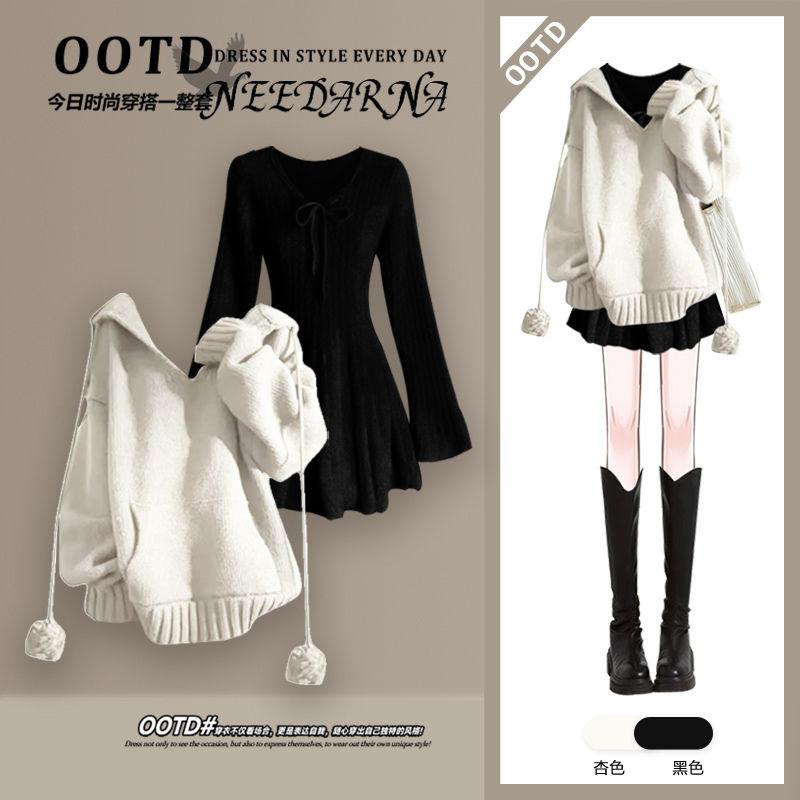 Product Introduction of Winter Set Women's 2024 New Gentle Knitwear Sweater with Pure Desire Style Dress Slim Two-Piece Set 12