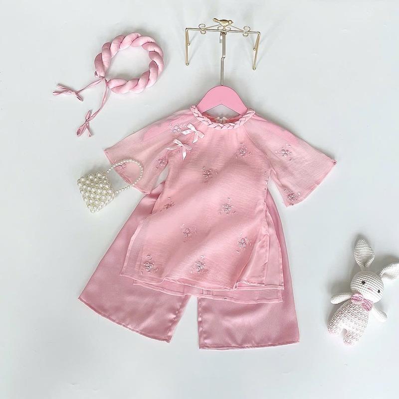 Áo Dài Voan Lụa Quần Lụa Hoa Hồng Xoắn Nổi Kèm Mấng Cho Bé Gái 3-30kg Mang Tết Dự Tiệc Lễ Hội