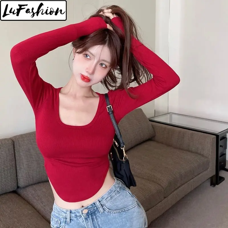 Baju Atasan Tanaman untuk Wanita, LuFashion, Fesyen, Seksi, Lengan Panjang, Baju-T Kasual