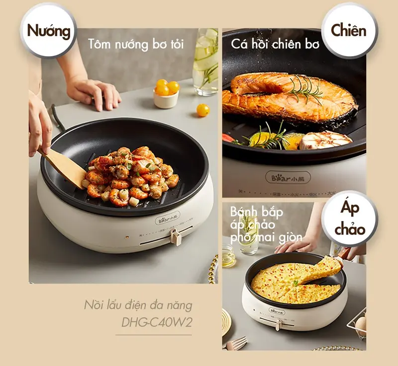 [HẤP-LẨU-NƯỚNG] Nồi Lẩu Nướng Bear 3 Khay DHG-C40W2, Dung Tích Lẩu 4L, Công Suất 1500W, Khay Lẩu/Hấp/Nướng, Nồi Lẩu Điện Hỗ Trợ Nấu Ăn, Chống Dính, Xửng Hấp To, Chiên/Xào/Nấu/Nướng Đều Được, Có Thể Để Nồi Khác Lên Nấu, Bảo Hành 18 Tháng Nồi Điện bếp  lẩu 5
