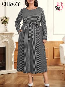 CURVZY Plus Size Striped Print Belted Pocket A Line Dress, Casual Long Sleeve Round Neck Dress for Daily Wear, Women's Clothing for All Seasons