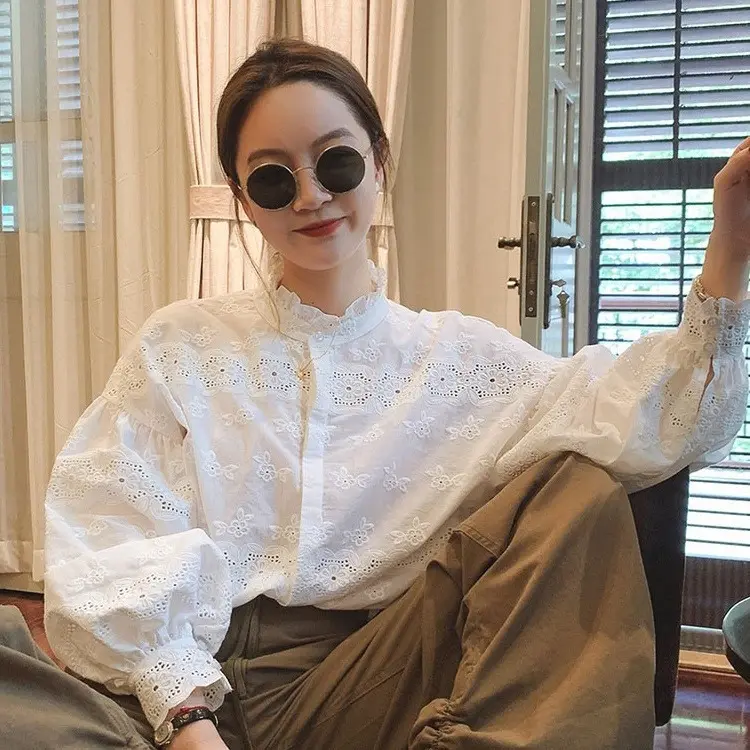 Áo Sơ Mi Ren Thêu, Phong Cách Pháp, Thiết Kế Lãng Mạn Và Rộng Rãi, Trang Phục Mùa Thu, Hàng Mới Về, Bó Sát Và Thanh Lịch, Dễ Phối Đồ, Làm Bằng Bông, Áo Dài Tay, Dành Cho Nữ