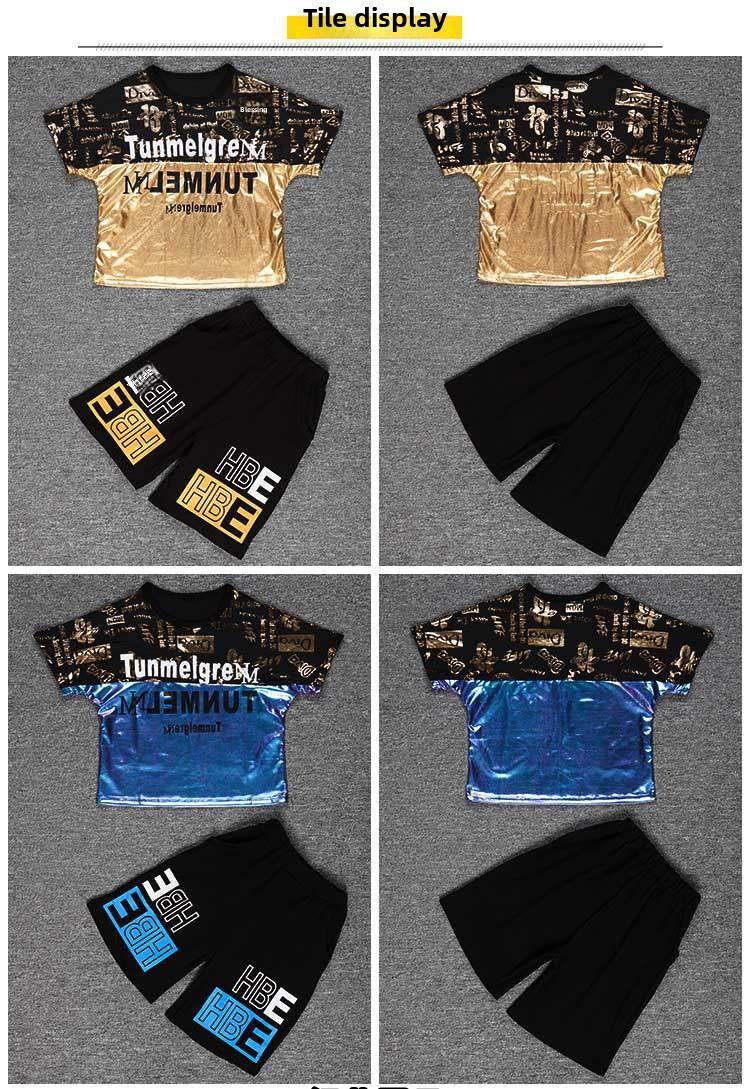 Product Introduction of 2025 Children's Middle and Big Children Sports Hip-Hop Hip Hop Costume Hiphop Handsome Short Sleeve Trendy Boys Boys Show Performance Clothes 14