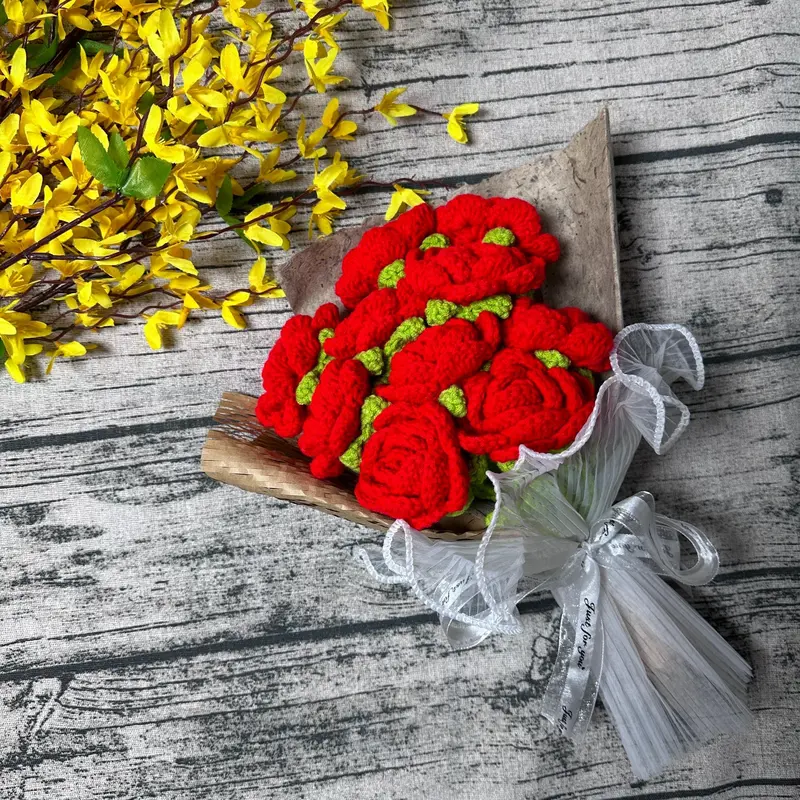 Crochet Rose Bouquet, 1 Count Artificial Flower Bouquet, Decorative Flower for Home Living Room Bedroom Dining Room Wedding Party, New Year Gift, Valentine's Day Gift 3