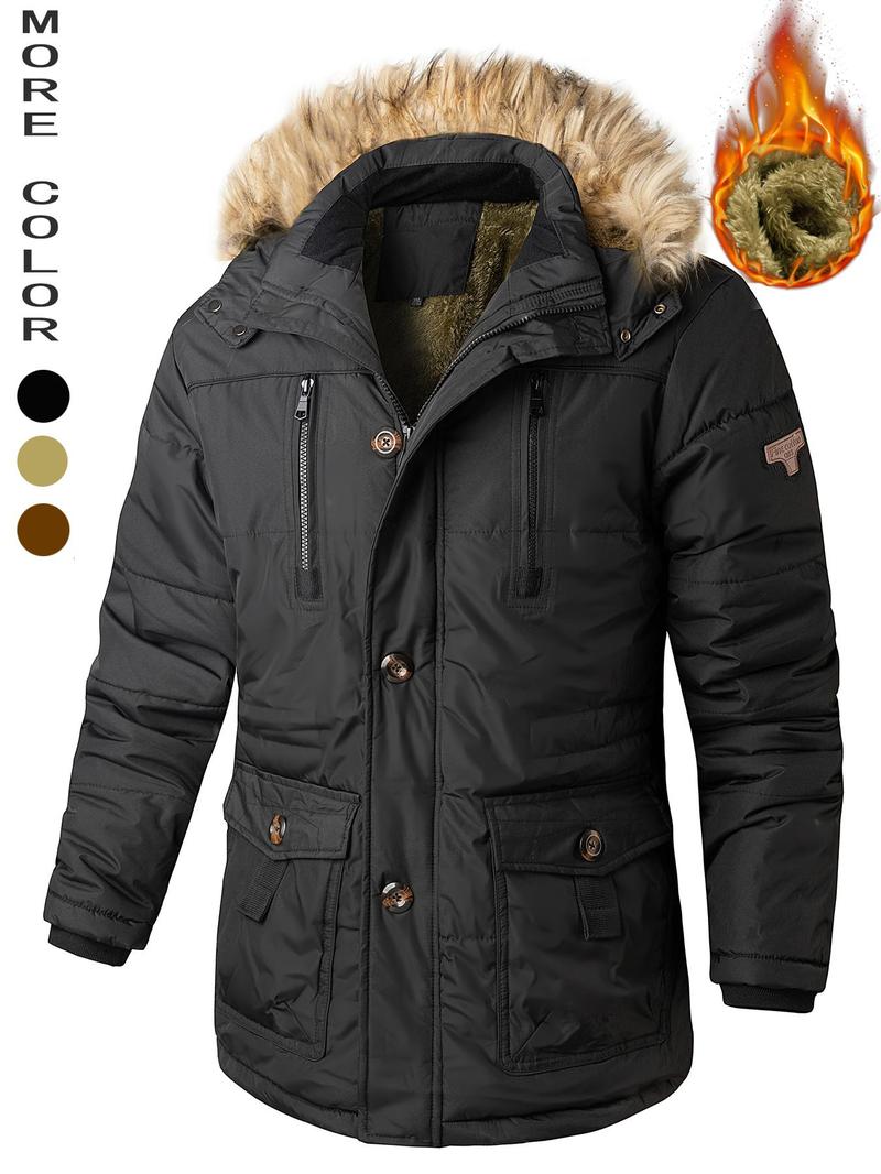 Product Introduction of Men's Flap Pockets Button Front Thermal Lined Hooded Coat, Slim Fit Casual Fuzzy Trim Zipper Warm Coat, Men Winter Coats, Men's Outerwear for Daily Wear 1