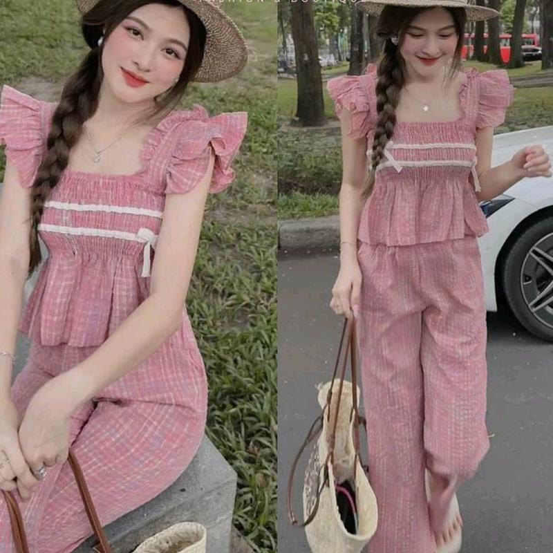 Sét bộ đũi caro hồng cánh tiên áo nơ nhún ngực cực xinh phối quần dài ống suông rộng tone màu pastel đáng yêu cho các bạn nữ mặc đi chơi