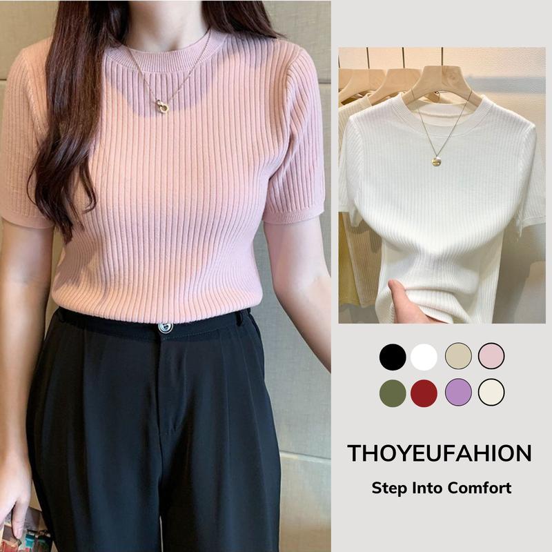 Áo ngắn tay cổ tròn chất thun tăm cho nữ , áo len tăm cộc tay , áo dệt kim hàng quảng châu